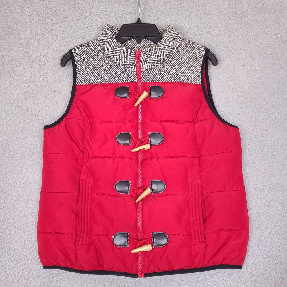 RuffHewn Womens Puffer Vest‎ Large Red Herringbone Tweed Toggle Zip Up